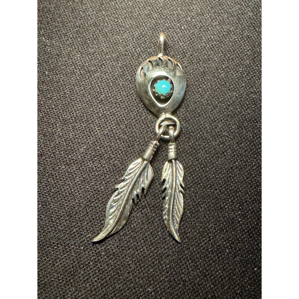 Vintage Running Bear Signed Turquoise with 2 Dangling Feathers Pendant